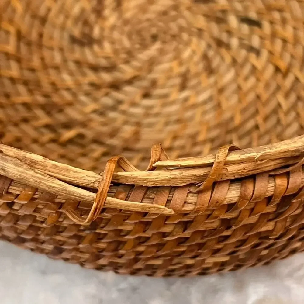 Natural Rattan Round Fruit Basket Weaved Aged Patina 10.5